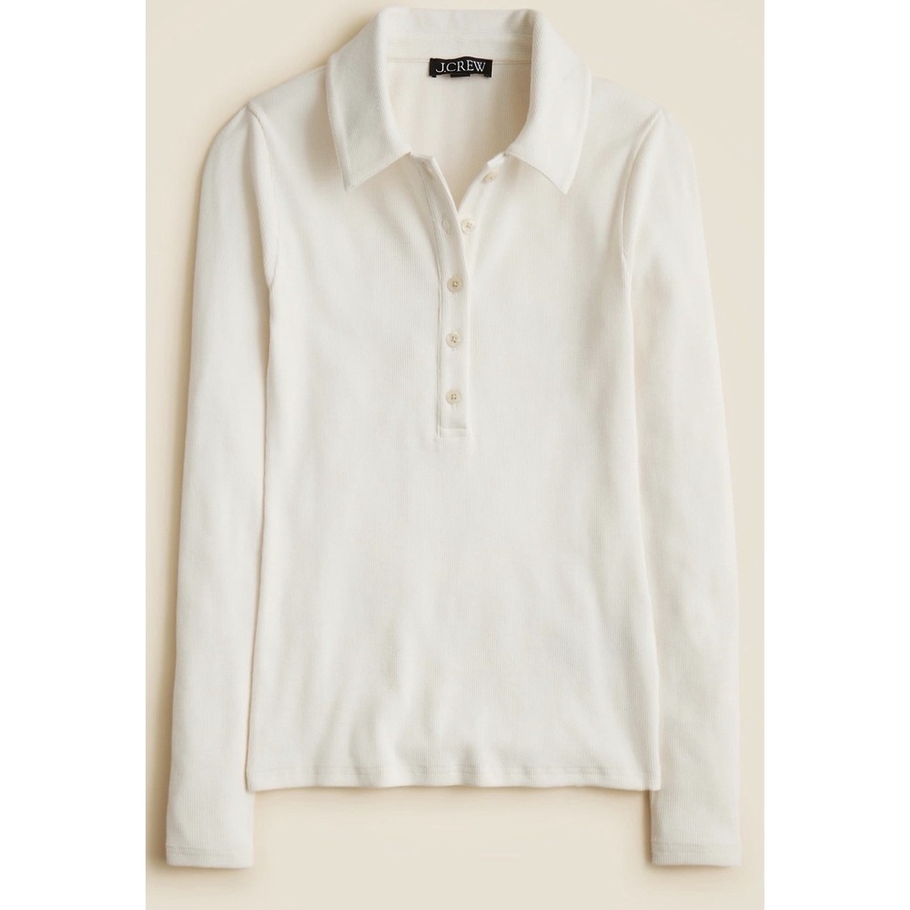 J CREW NWT Perfect Rib Polo Shirt Size XS Cream Long Sleeve Knit Lightweight